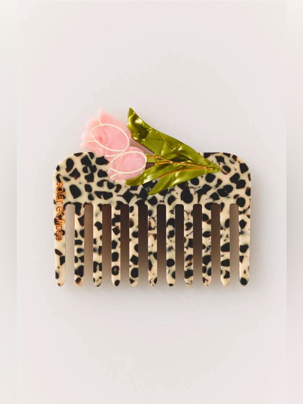 Anthropologie Leopard-Print Hair Comb with Pink Tulip and Olive Leaves